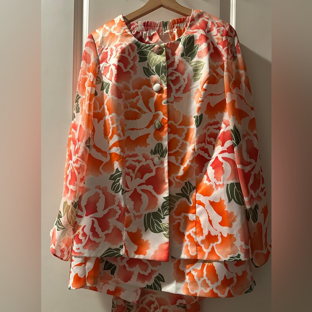 Floral Orange and White Women's Jacket & Skirt Set